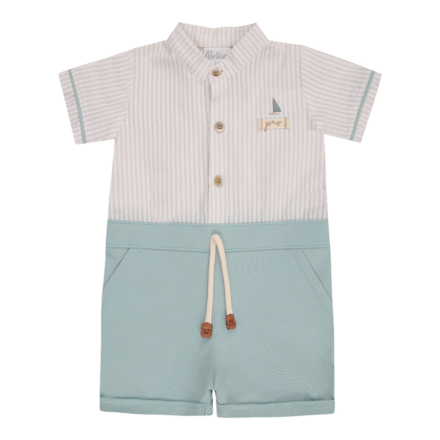 Macacão Curto Bebê Paraíso Listrado Bordado Barco