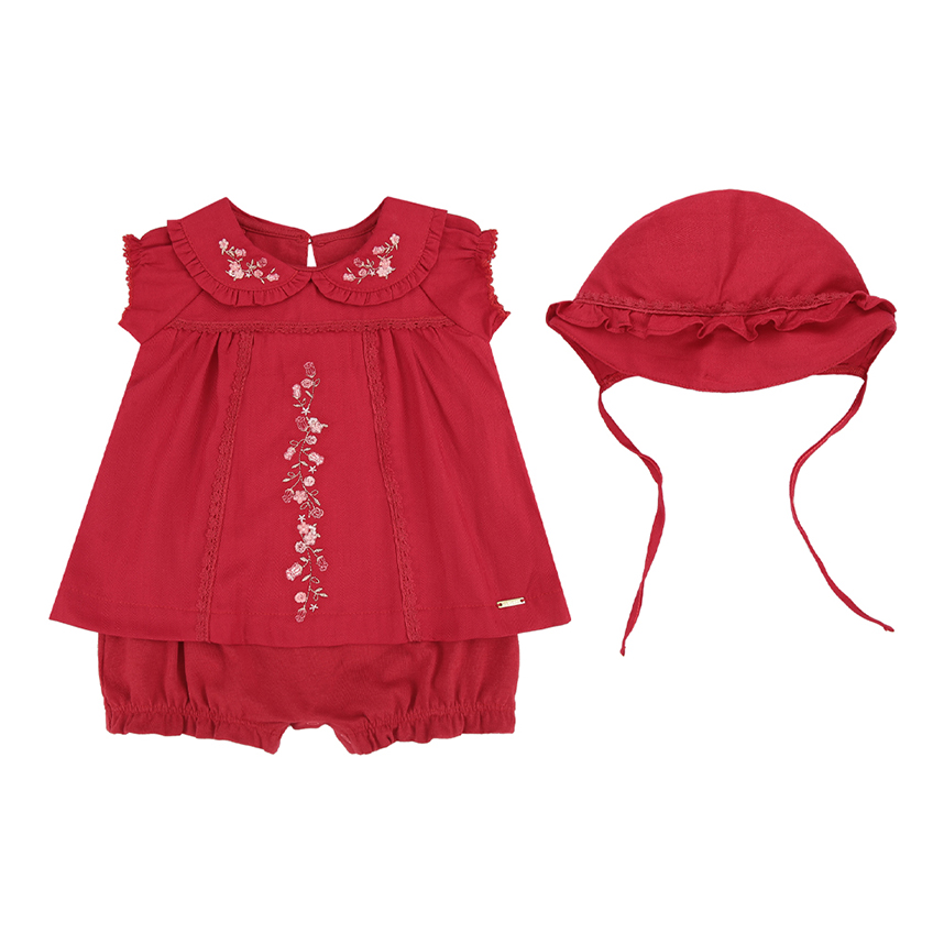 Macacão Curto Bebê Paraiso Bordado Flor Com Chapéu