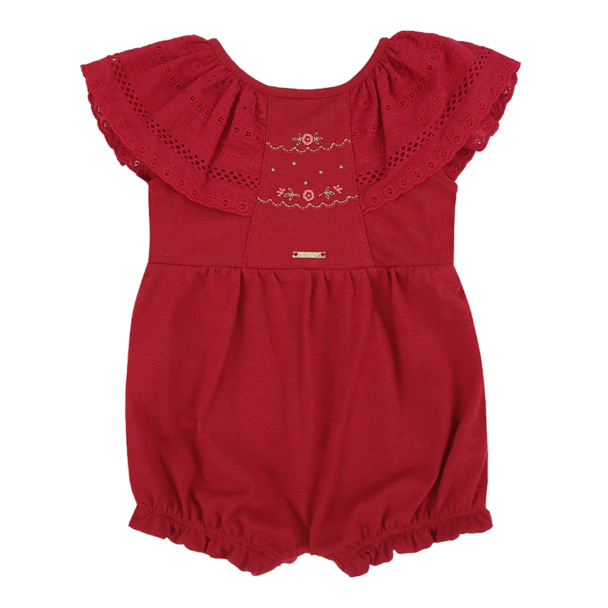 Macacão Curto Bebê Paraíso Rendado E Bordado Flor