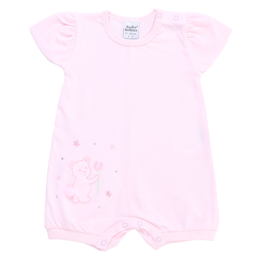 Macacão Curto Bebê Sonho Mágico Bordado Urso E flores