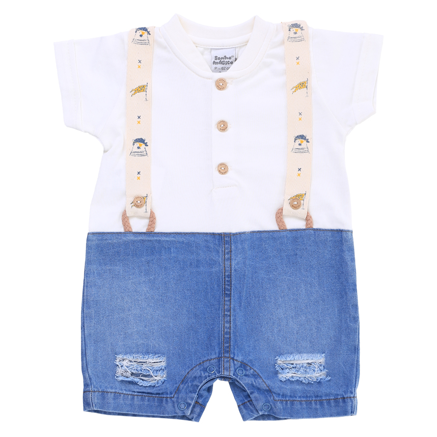 Macacão Curto Sonho Mágico Detalhe Jeans Rasgado Suspensório