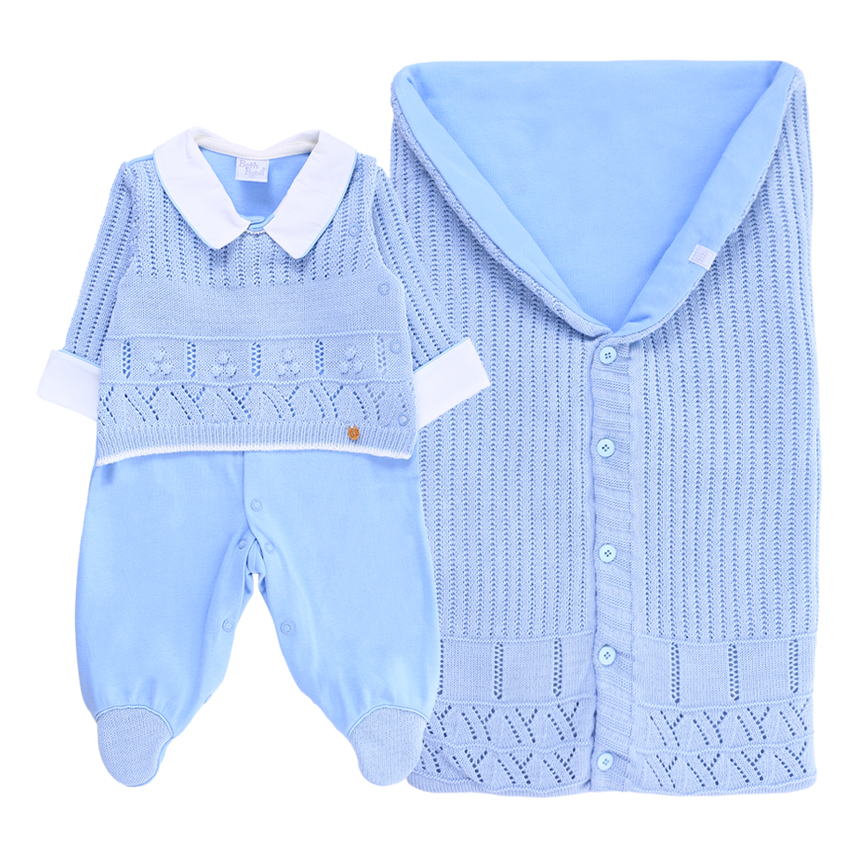 Saída Maternidade Beth Bebê Menino Tricô Com 2 Peças