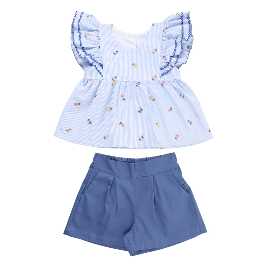 Conjunto Infantil Kookabu Bata Listrada Bordado Flores Short Conjunto Infantil Kookabu Bata Listrada Bordado Flores Short