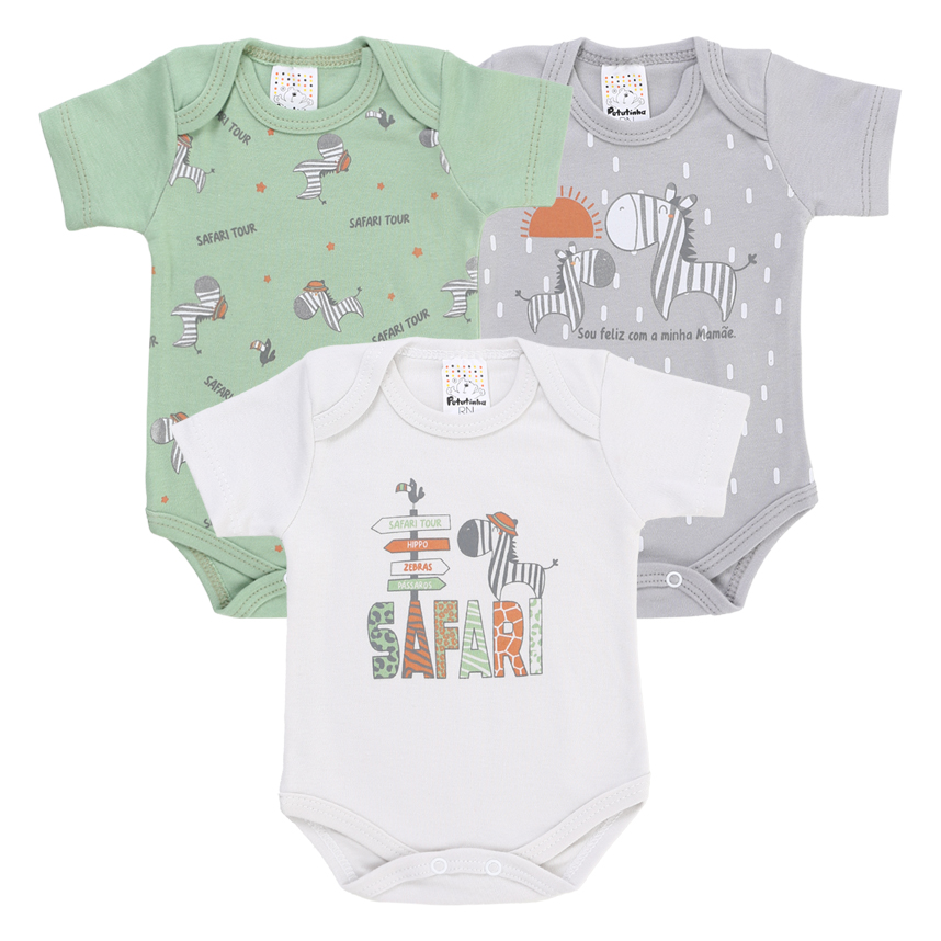 Body Bebê Petutinha Manga Curta Estampa Safari Zebra 3 Peças Body Bebê Petutinha Manga Curta Estampa Safari Zebra 3 Peças
