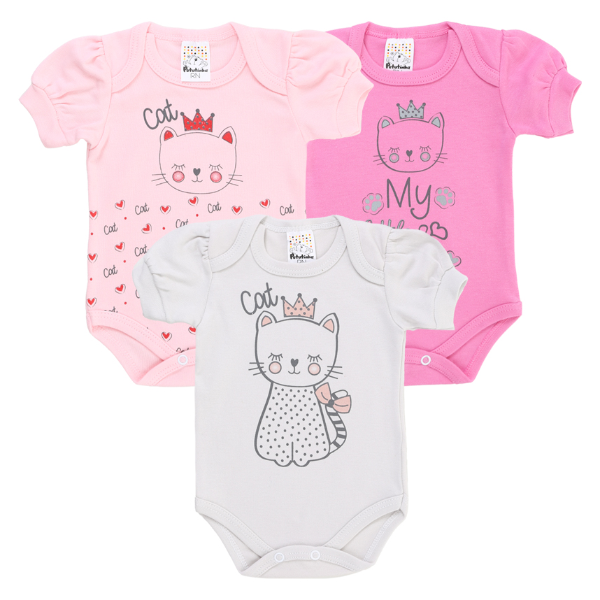 Kit Body Bebê Petutinha Estampa Gatinha 3 Peças Kit Body Bebê Petutinha Estampa Gatinha 3 Peças