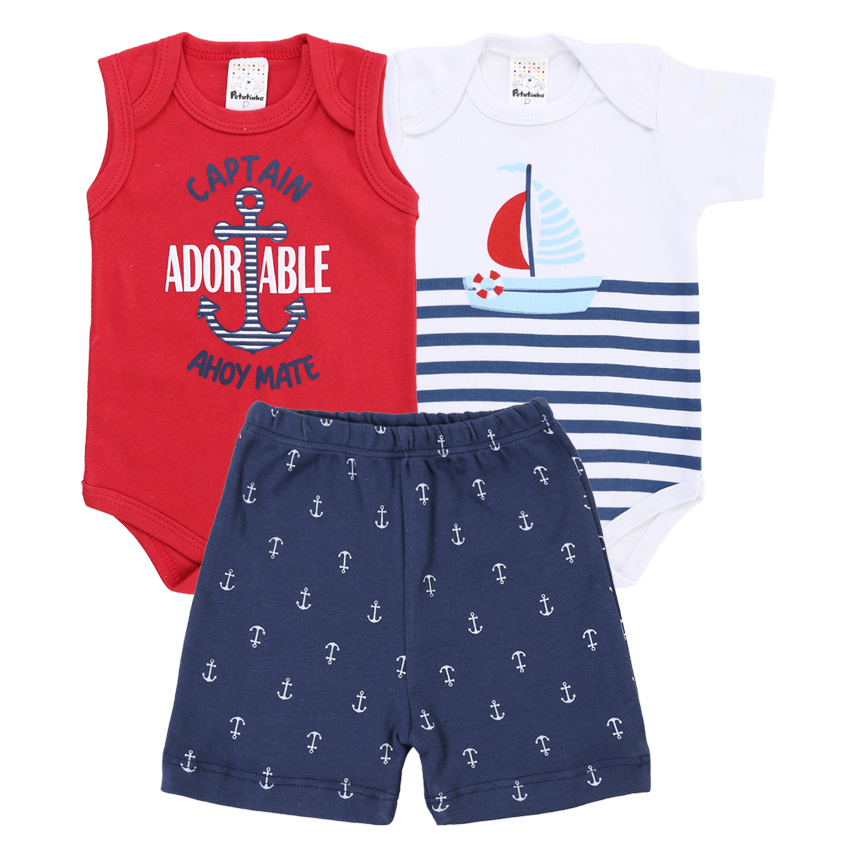 Conjunto Bebê Petutinha Estampa Barco Âncora 3 Peças Conjunto Bebê Petutinha Estampa Barco Âncora 3 Peças