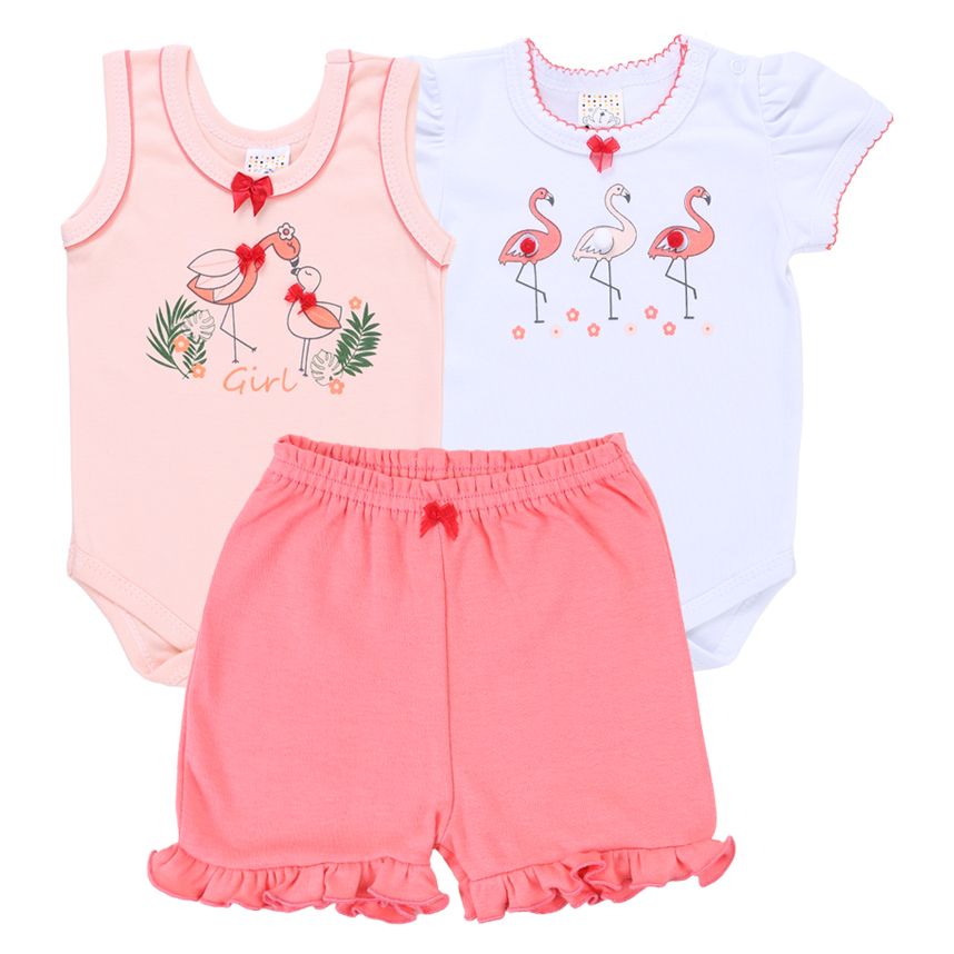 Conjunto Bebê Petutinha Estampa Flamingo E Laço 3 Peças