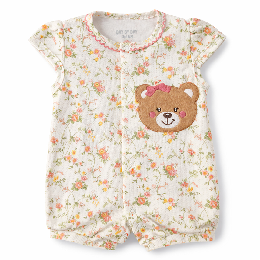 Macacão Bebê Curto Day By Em Suedine Bordado Ursa