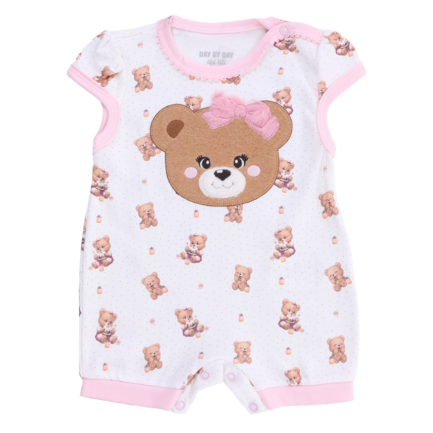 Macacão Bebê Curto Day By Em Suedine Bordado Ursa