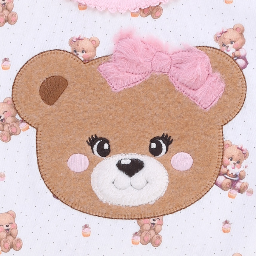 Macacão Bebê Curto Day By Em Suedine Bordado Ursa