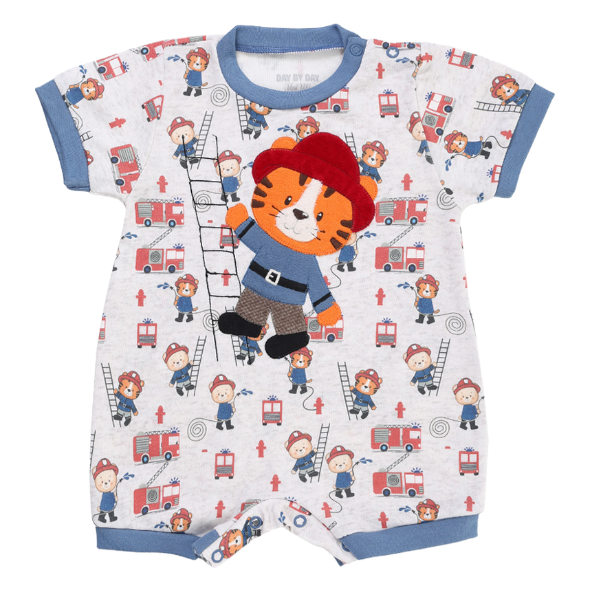 Macacão Bebê Curto Day By Em Suedine Bordado Tigre Macacão Bebê Curto Day By Em Suedine Bordado Tigre