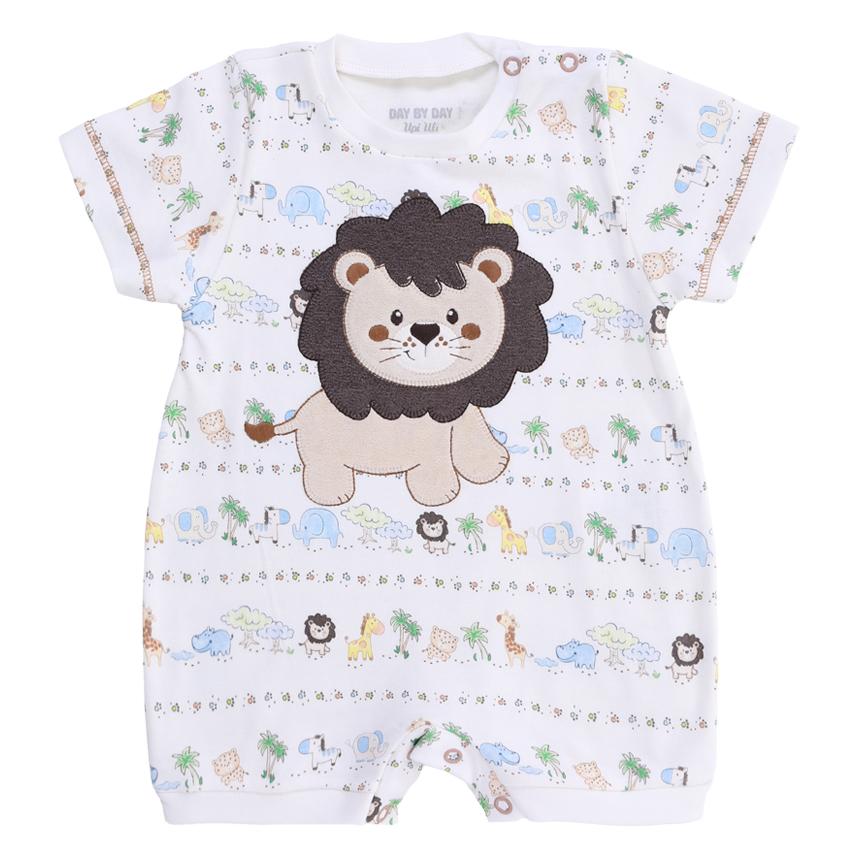 Macacão Bebê Curto Day By Em Suedine Bordado Leão Macacão Bebê Curto Day By Em Suedine Bordado Leão
