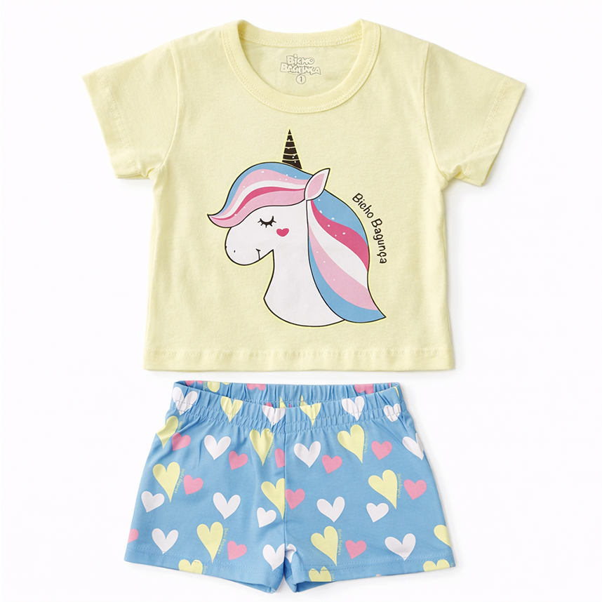 Pijama Curto Infantil Bicho Bagunça Menina Unicórnio