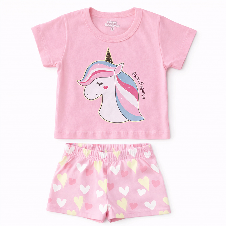 Pijama Curto Infantil Bicho Bagunça Menina Unicórnio
