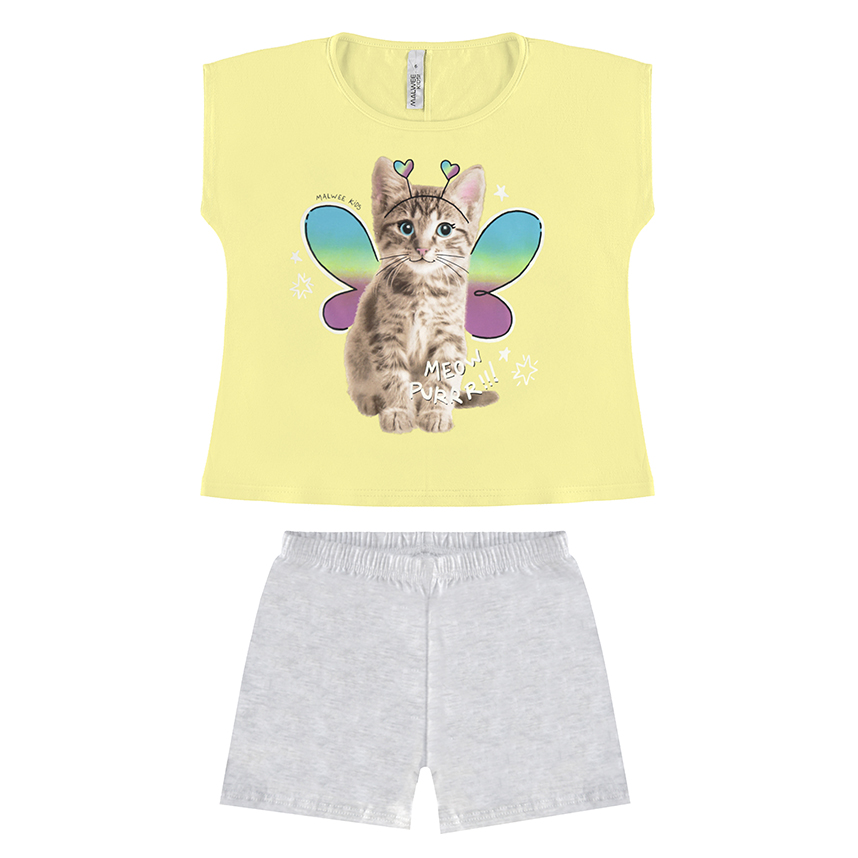 Pijama Juvenil Malwee Curto Estampa Gato Borboleta Pijama Juvenil Malwee Curto Estampa Gato Borboleta