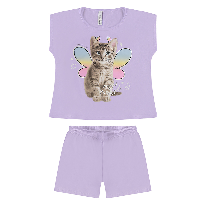 Pijama Juvenil Malwee Curto Estampa Gato Borboleta Pijama Juvenil Malwee Curto Estampa Gato Borboleta