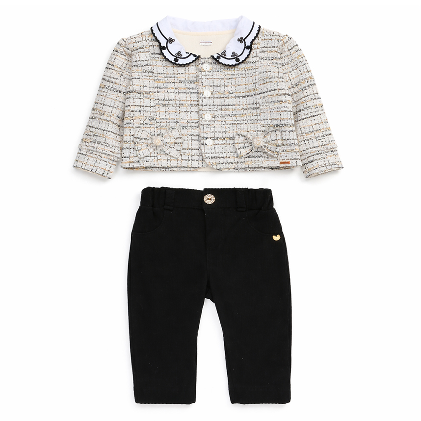 Conjunto Bebê Aconchego Casaco Tweed E Calça 2 Peças
