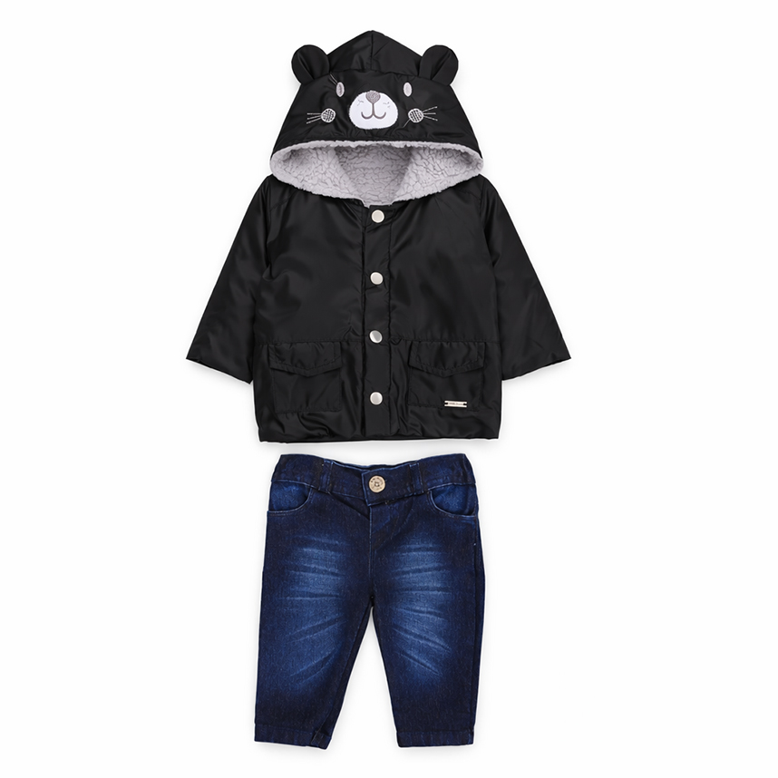 Conjunto Bebê Aconchego Casaco Com Capuz Urso E Calça Jeans