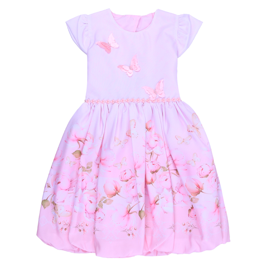 Vestido Infantil Planeta Rosa Manga Curta Borboletas