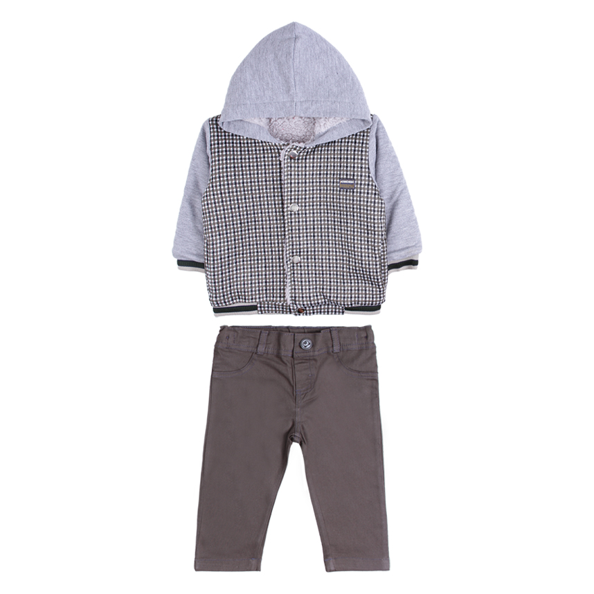 Conjunto Bebê Aconchego Casaco Xadrez Com Capuz E Calça