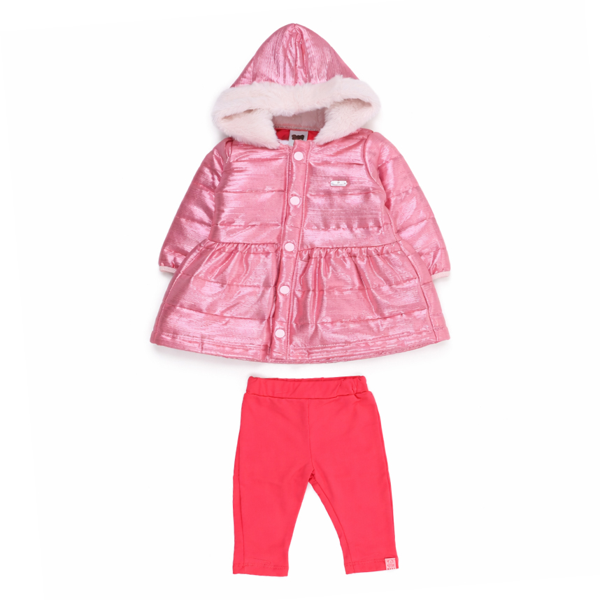 Conjunto Bebê Aconchego Casaco Lurex Com Capuz  Pelo E Calça