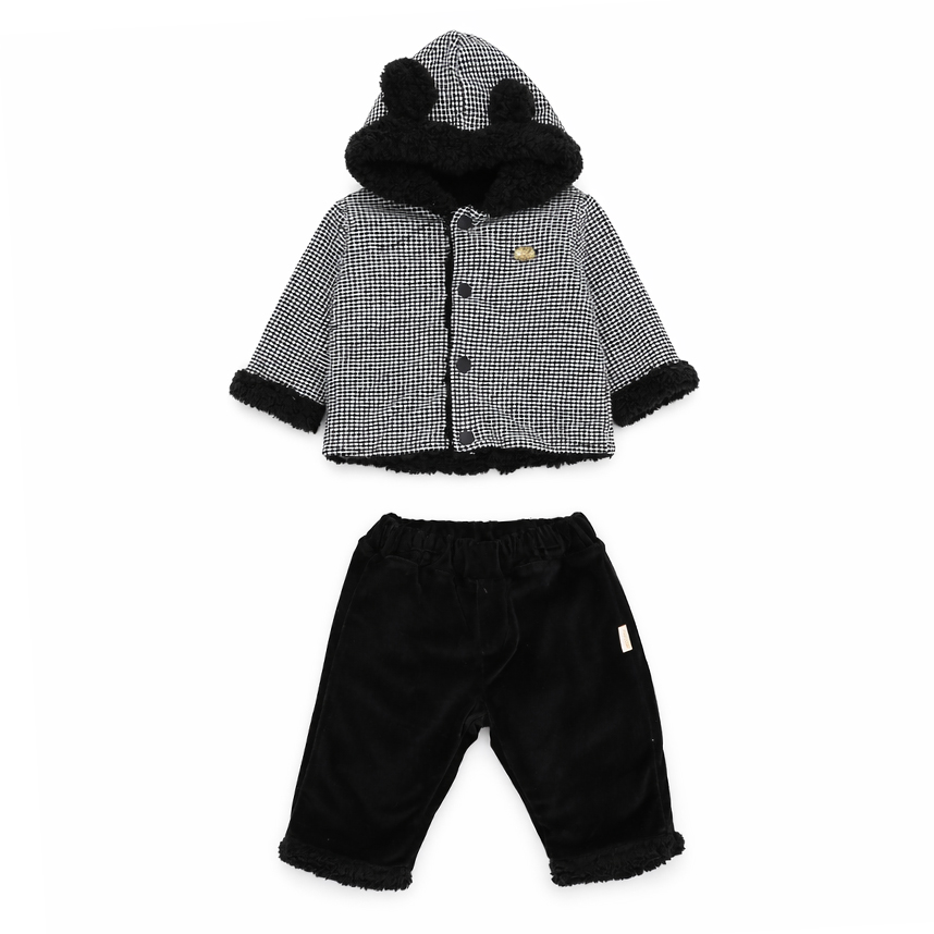 Conjunto Bebê Aconchego Casaco Xadrez Com Capuz  E Calça