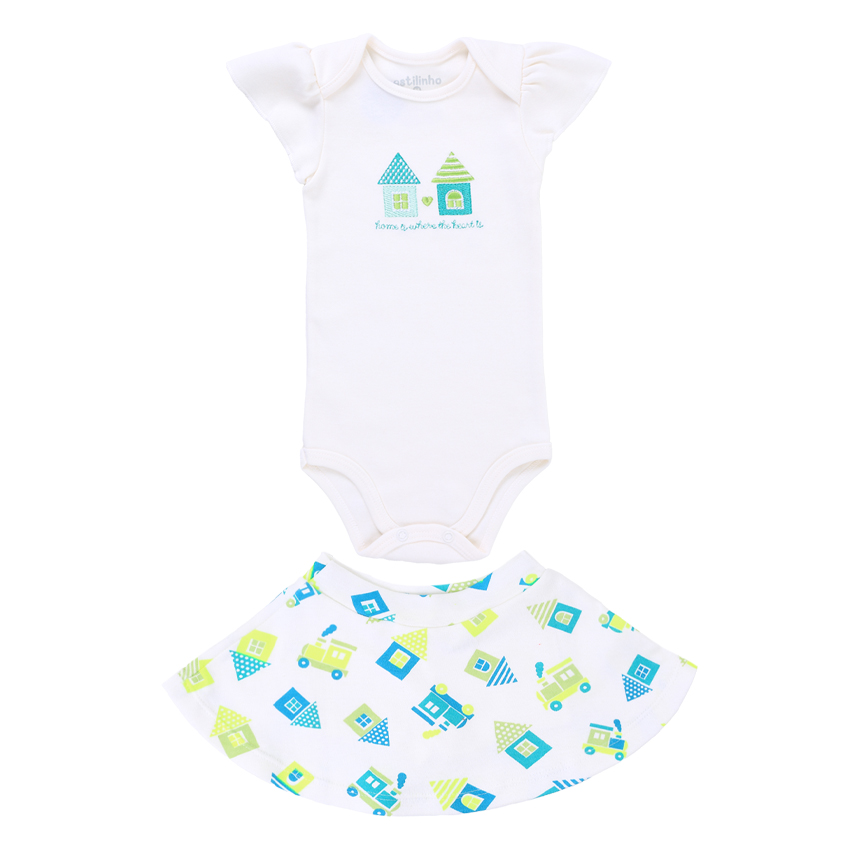 Conjunto Bebê Estilinho Body Estampa Casa E Saia