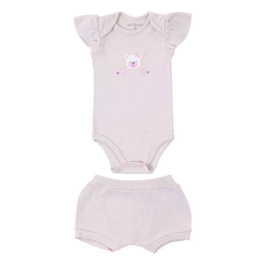 Conjunto Bebê Estilinho Body E Short Bordado Ursa 2 Peças Conjunto Bebê Estilinho Body E Short Bordado Ursa 2 Peças