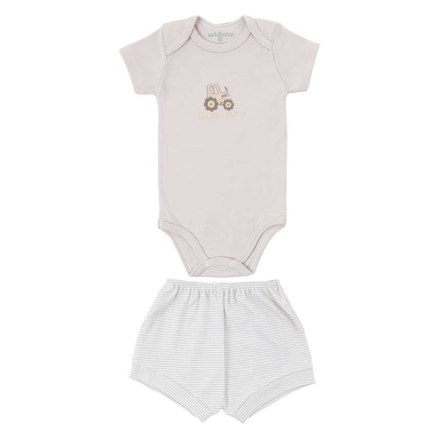 Conjunto Bebê Estilinho Body Bordado Trator E Bermuda