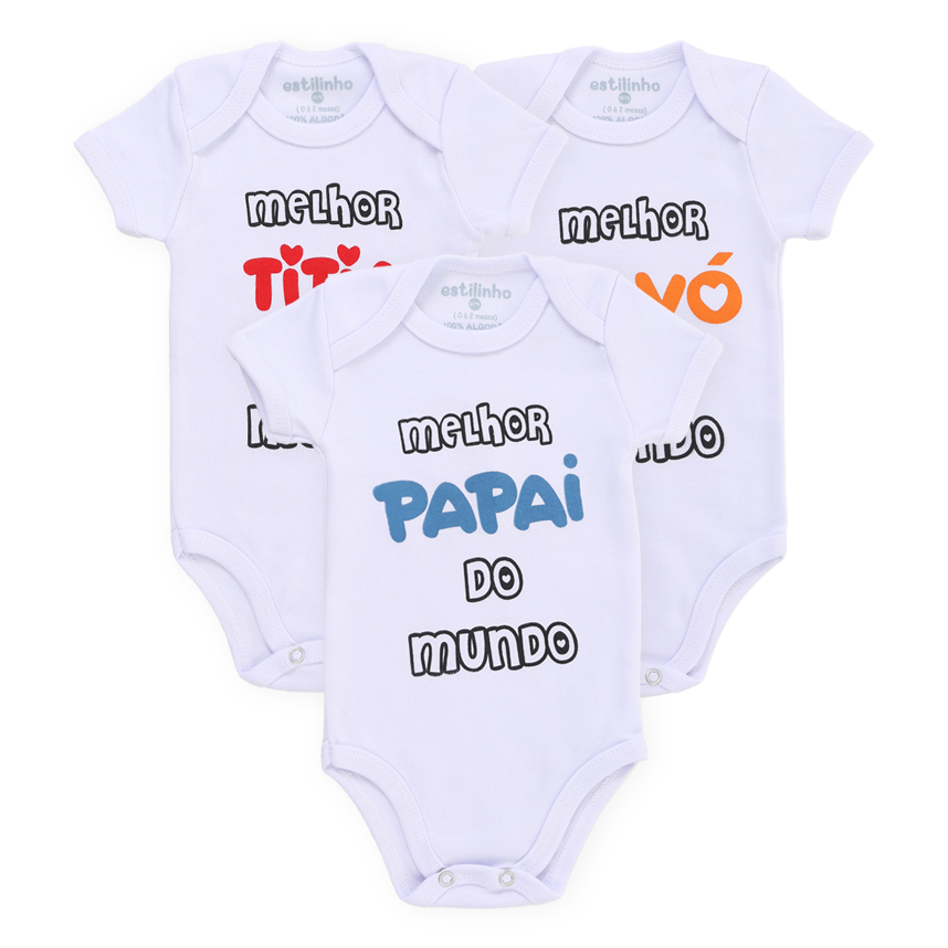 Body Estilinho Manga Curta Frases Tia, Papai e Vó 3 Peças