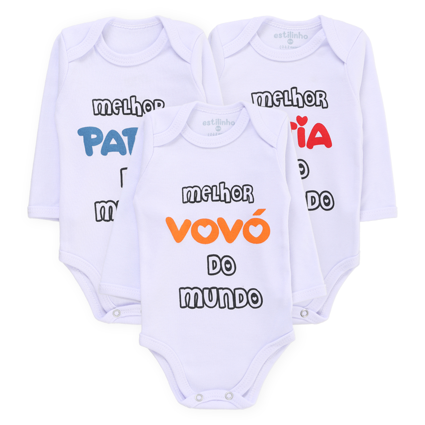 Body Estilinho Manga Longa Frases Tia, Papai e Vó 3 Peças