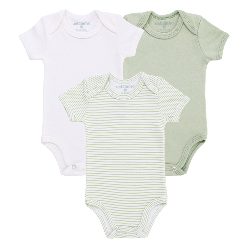 Kit Body Bebê Estilinho Manga Curta Em Suedine 3 Peças Kit Body Bebê Estilinho Manga Curta Em Suedine 3 Peças