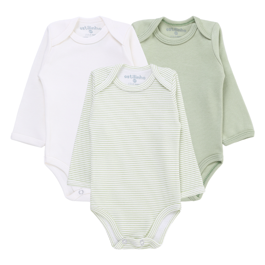 Kit Body Bebê Estilinho Manga Longa Em Suedine 3 Peças Kit Body Bebê Estilinho Manga Longa Em Suedine 3 Peças