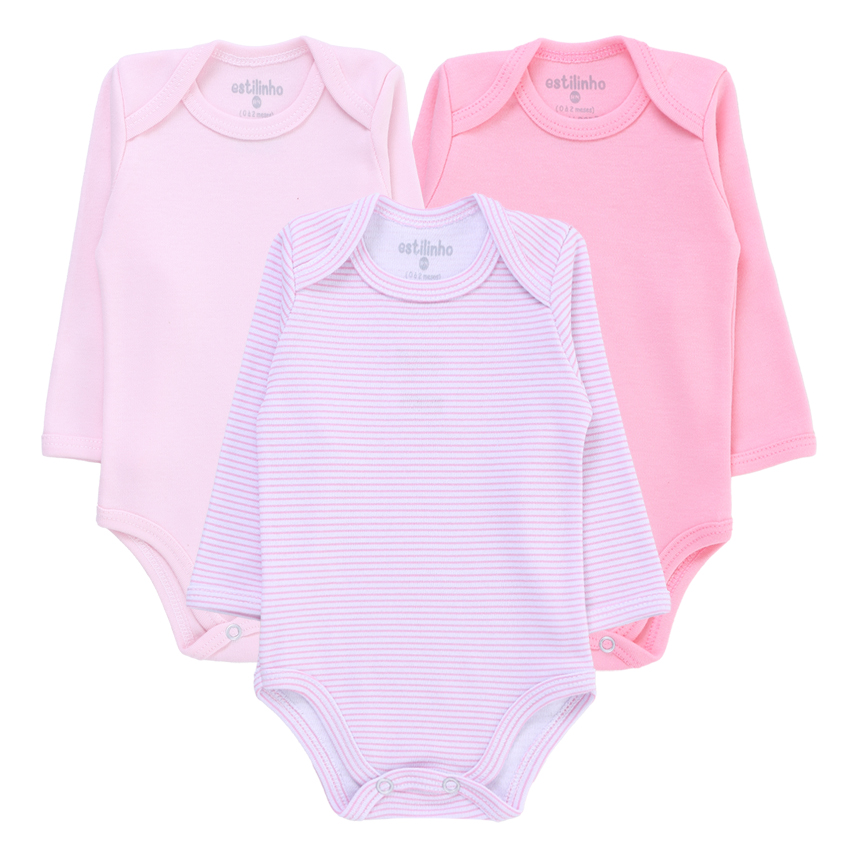 Kit Body Bebê Estilinho Manga Longa Em Suedine 3 Peças Kit Body Bebê Estilinho Manga Longa Em Suedine 3 Peças