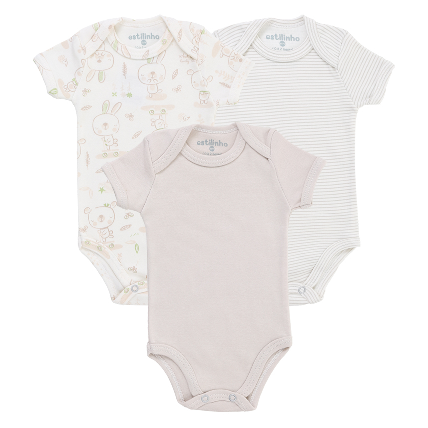 Kit Body Bebê Estilinho Manga Curta Em Suedine 3 Peças