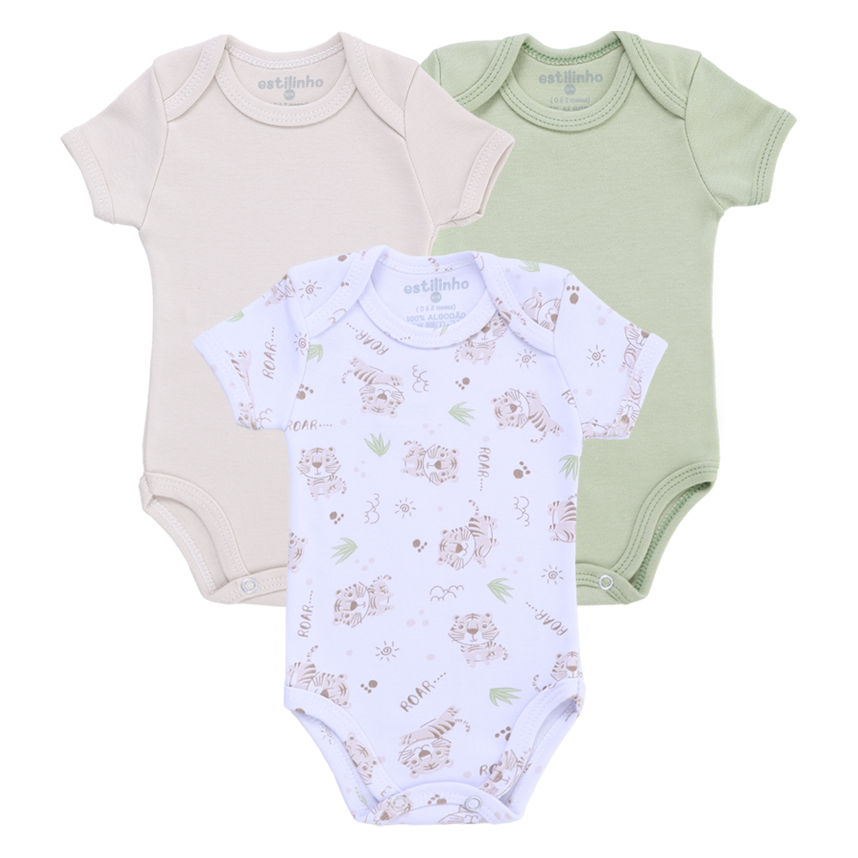 Kit Body Bebê Estilinho Manga Curta Em Suedine 3 Peças Kit Body Bebê Estilinho Manga Curta Em Suedine 3 Peças
