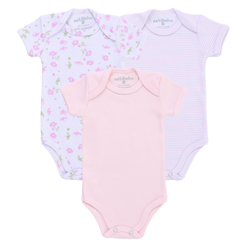 Kit Body Bebê Estilinho Manga Curta Estampa Flor 3 Peças