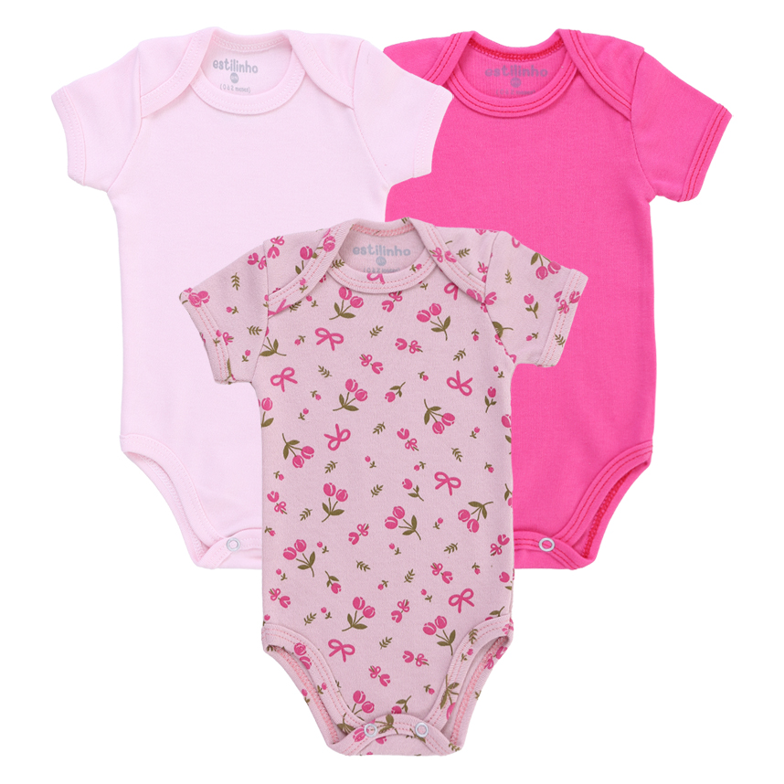 Kit Body Bebê Estilinho Manga Curta Estampa Cereja 3 Peças Kit Body Bebê Estilinho Manga Curta Estampa Cereja 3 Peças
