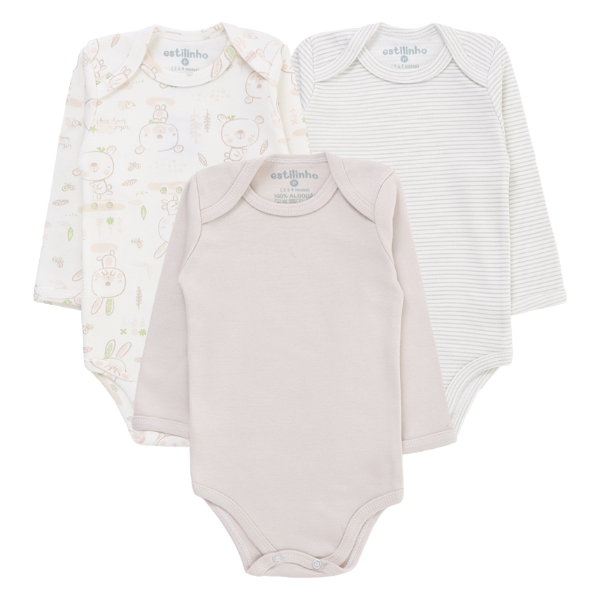 Kit Body Bebê Estilinho Manga Longa Em Suedine 3 Peças