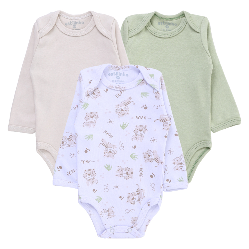Kit Body Bebê Estilinho Manga Longa Em Suedine 3 Peças Kit Body Bebê Estilinho Manga Longa Em Suedine 3 Peças