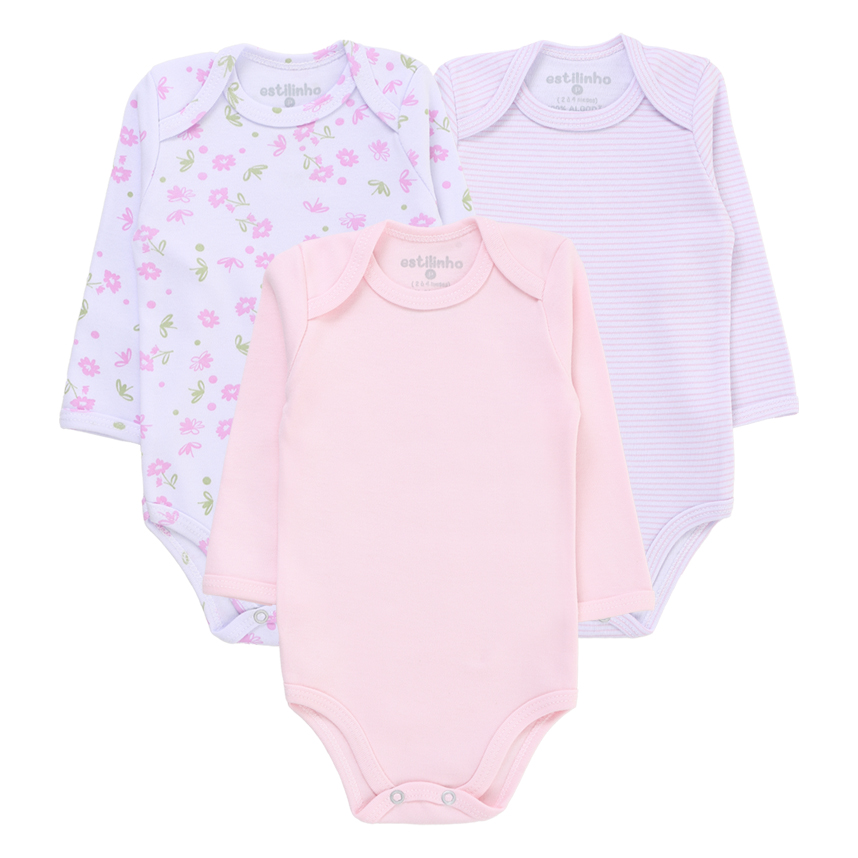 Kit Body Bebê Estilinho Manga Longa Estampa Flor 3 Peças