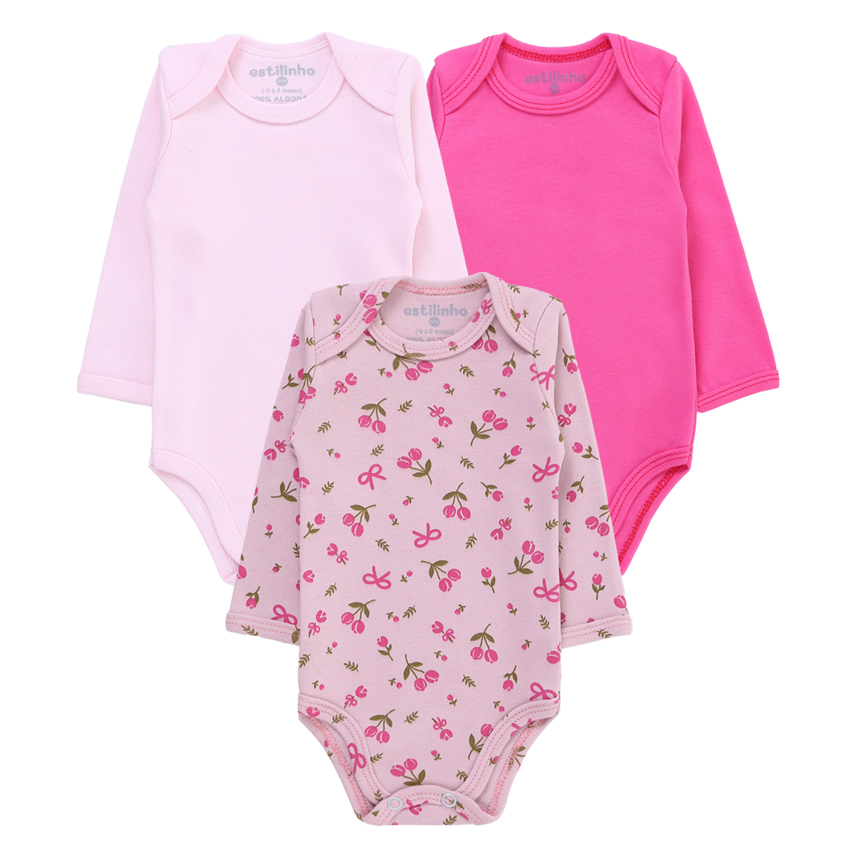 Kit Body Bebê Estilinho Manga Longa Estampa Cereja 3 Peças Kit Body Bebê Estilinho Manga Longa Estampa Cereja 3 Peças