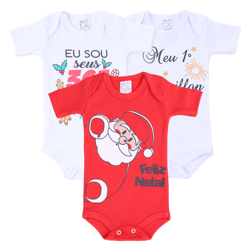 Body Bebê Mub Manga Curta Papai Noel Reveillon 3 Peças Body Bebê Mub Manga Curta Papai Noel Reveillon 3 Peças