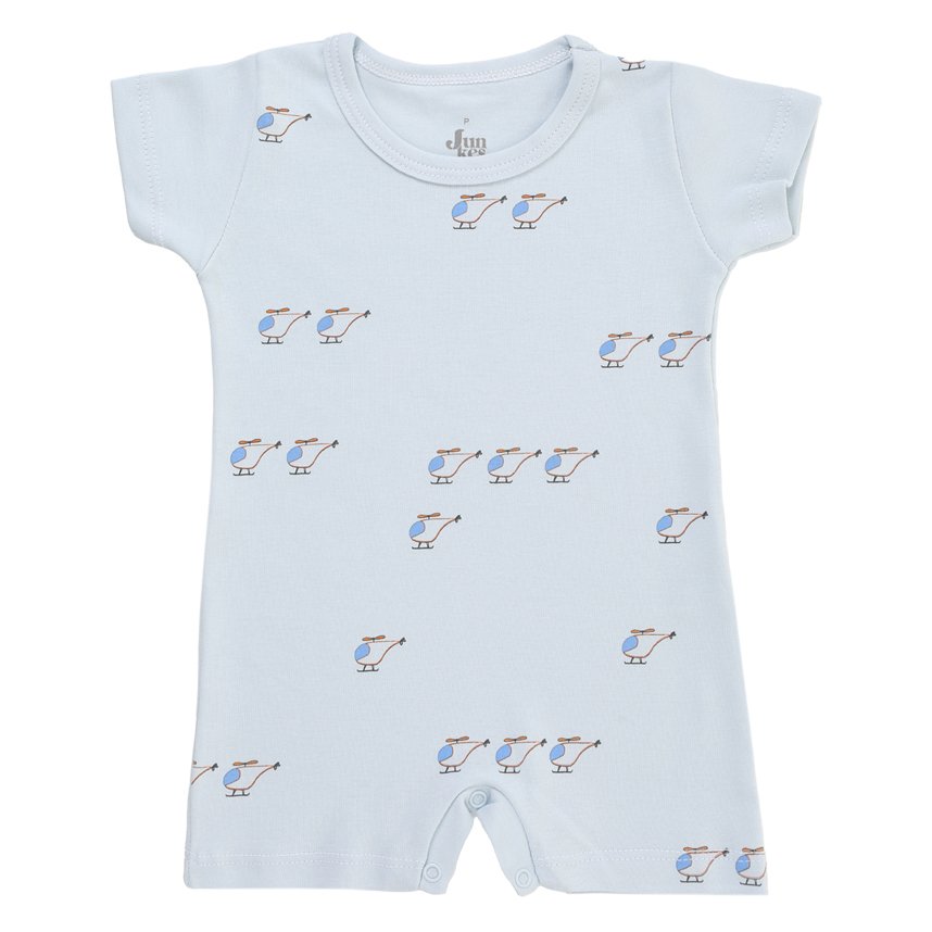 Macacão Curto Bebê Junkes Estampa Helicóptero Em Suedine