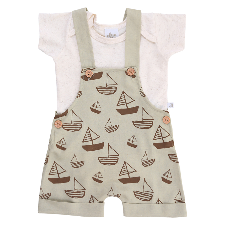Macacão Curto Bebê Junkes E Body Estampa Barco 2 Peças
