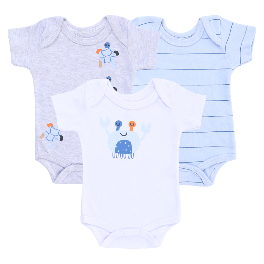 Kit Body Bebê Junkes Manga Curta Suedine Estampado 3 Peças