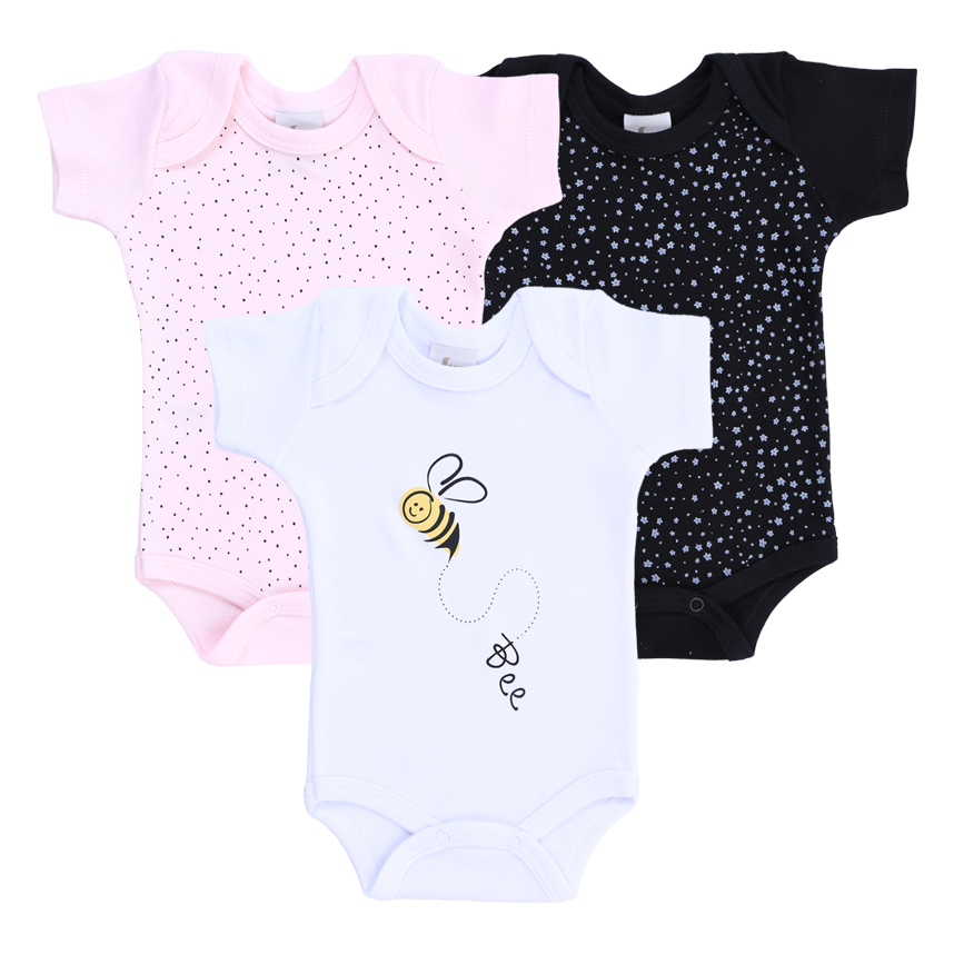 Kit Body Bebê Junkes Manga Curta Suedine Estampado 3 Peças