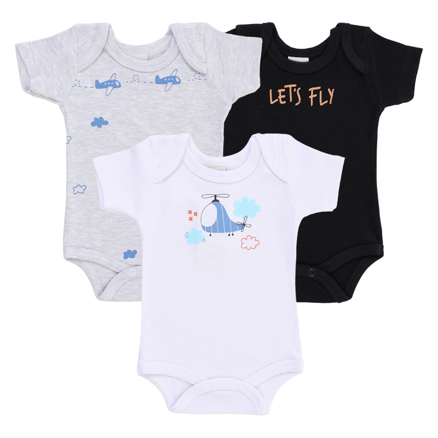 Kit Body Bebê Junkes Manga Curta Suedine Estampado 3 Peças