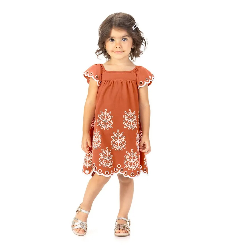 Vestido Infantil Milon Bordado Corte Laser Em Cotton Vestido Infantil Milon Bordado Corte Laser Em Cotton