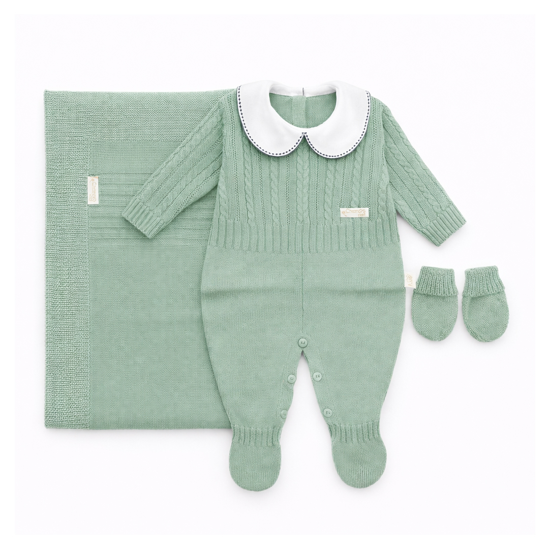 Saída Maternidade Chandra  Macacão E Manta Tricô 3 Peças